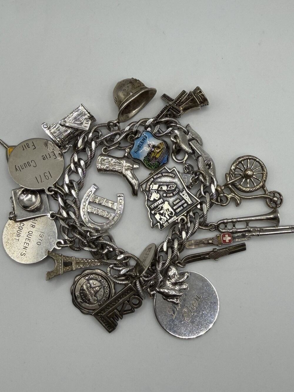 Vintage Charm Bracelet Monet 21 Charms 70s Mechanical Sterling Memory Travel 7"